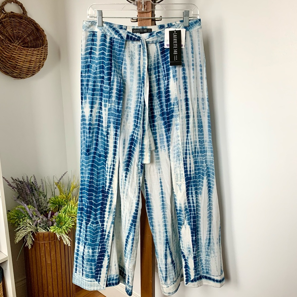NEW Lafayette 148 Tie Dye Palazzo Shibori Wide Leg Silk Cotton Pants blue white